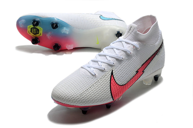 Chuteira Campo Nike Mercurial Superfly 7 Elite SG-PRO Anti Clog Branco/Rosa/Azul - Cano Alto